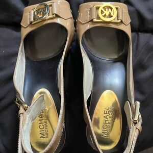 Michael Kors Tan Open-Toe Heels with Gold Accents
